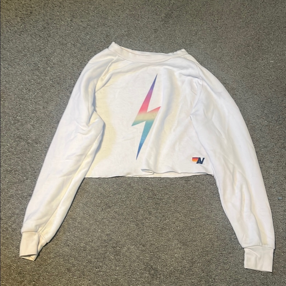 Aviator Nation White Cropped Sweatshirt with Lightning Bolt